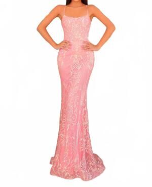 NEW CLARISSE sequin pattern prom maxi dress in coral